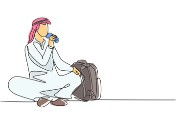 Single one line drawing young Arabian man sitting while enjoying soft drink to refreshing and relaxing body. Attractive teenager concept. Modern continuous line draw design graphic vector illustration
