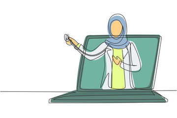 Continuous one line drawing hijab female doctor comes out of laptop screen holding stethoscope. Online medical services, medical consultation. Single line draw design vector graphic illustration