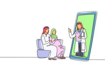 Continuous one line drawing Arab male doctor comes out from smartphone screen facing patient and gives consultation to patient young couple with pregnant wife. Single line draw design vector graphic