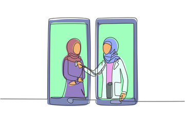 Single continuous line drawing two smartphones facing each other with hijab female doctor checking heart rate of female patient using stethoscope. One line draw graphic design vector illustration