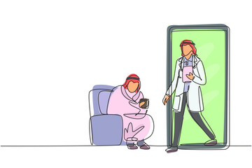 Single one line drawing Arabian male patient sitting curled up on sofa, using blanket, holding mug and there is male doctor walking out of smartphone, holding clipboard. Modern continuous line draw