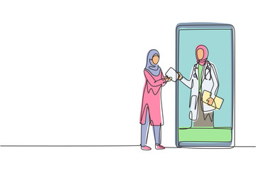 Continuous one line drawing Arabian female patient receiving prescription from hijab female doctor in smartphone. Online medical services concept. Single line draw design vector graphic illustration