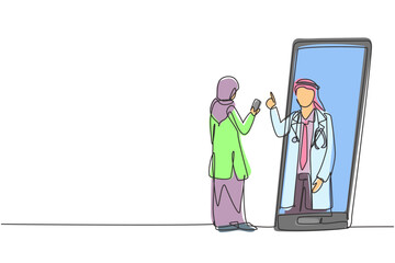 Continuous one line drawing hijab female patient holding smartphone standing facing giant smartphone and consulting male doctor. Doctor online. Single line draw design vector graphic illustration