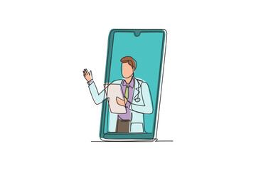 Single continuous line drawing male doctor comes out of smartphone screen holding clipboard. Online medical services, medical consultation. Dynamic one line draw graphic design vector illustration