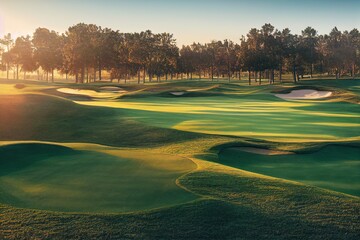 beautiful golf course at sunset or sunrise, generative ai - obrazy, fototapety, plakaty