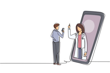 Continuous one line drawing male patient holding smartphone standing facing giant smartphone and consulting female doctor. Doctor online concept. Single line draw design vector graphic illustration