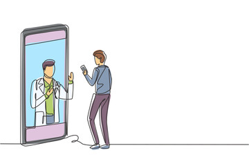 Single one line drawing male patient holding smartphone standing facing giant smartphone and consulting male doctor. Doctor online. Modern continuous line draw design graphic vector illustration