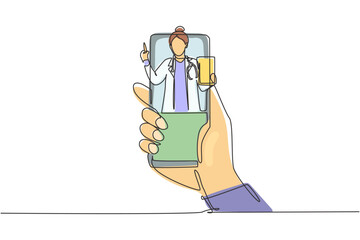 Continuous one line drawing hand holding smartphone and there is hijab female doctor coming out of smartphone screen holding clipboard. Online consultation. Single line draw design vector graphic