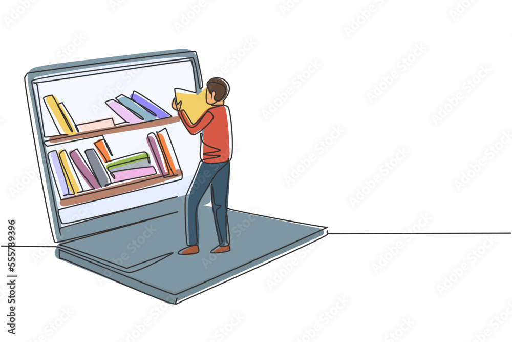 Poster single continuous line drawing male student reading book while standing in front of large laptop wit