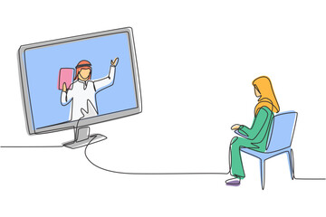 Continuous one line drawing hijab female student sitting studying staring at monitor screen and inside laptop there is male Arabian lecturer who is teaching. Single design vector graphic illustration