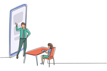 Single one line drawing male teacher standing in front of smartphone and teaching female junior high school students sitting on benches around desk. Continuous line draw design vector illustration