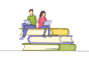 Continuous one line drawing couple with laptop sitting on pile of books together. Freelance, distance learning, online courses, studying concept. Single line draw design vector graphic illustration