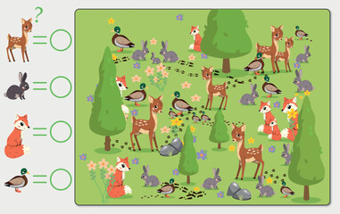 Animal puzzle concept. Task to find deer, ducks, foxes and rabbits. Forest inhabitants, flora and fauna. Poster or banner for website. Educational material for kids. Cartoon flat vector illustration