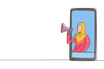 Single one line drawing Arab woman coming out of smartphone screen holding megaphone. Offering product with discounts or sale concept. Modern continuous line draw design graphic vector illustration