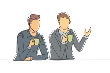 Continuous one line drawing two young men sitting over a cup of coffee and talking about work plans in the office. Success lifestyle concept. Single line draw design vector graphic illustration