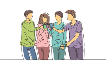 Continuous one line drawing 
teenagers toast with soft drinks to celebrate friendship at a garden party. Happy togetherness and lifestyle concept. Single line draw design vector graphic illustration
