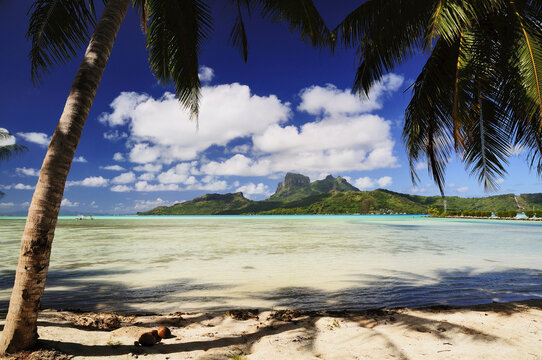 Overview of Bora Bora and Lagoon from Motu Mute, French Polynesia