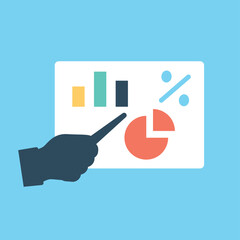 Slide for presentation icon. Poster or banner for website. Work with information and marketing research. Chart, percentages and graphs. Metaphor for public speaking. Cartoon flat vector illustration