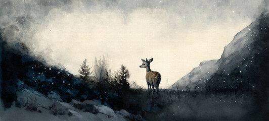 Lone Young Deer on a Gloomy Hillside with White Space for Text Representing Perseverance