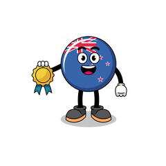new zealand flag cartoon illustration with satisfaction guaranteed medal