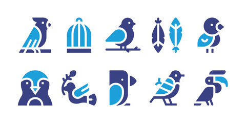 Bird icon set. Duotone color. Vector illustration. Containing parrot, bird cage, bird, feather, penguin, hornbill.