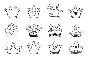 Doodle set crown line art, vector illustration.