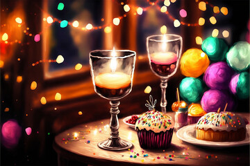 Champagne Toast and Little Mini Cakes Cozy Celebration with Lights, Candles, and Colorful Bokeh New Years Eve Holiday Greeting Card Style Painting Generative AI