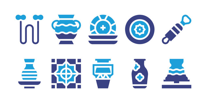 Pottery icon set. Duotone color. Vector illustration. Containing wire, vase, plates, dish, trimming, clay, tiles, clay crafting.
