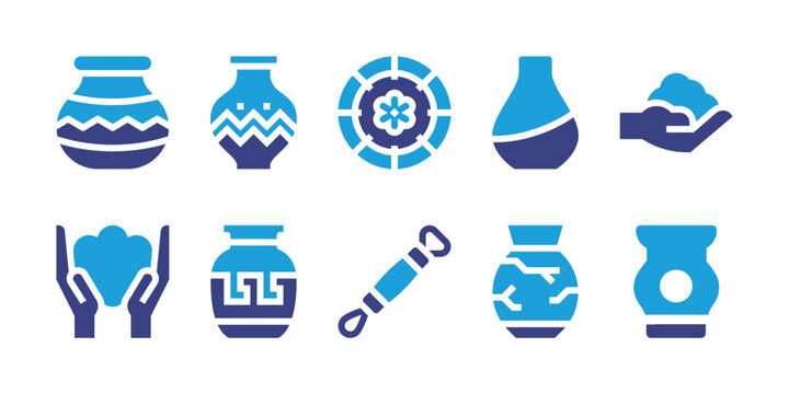 Pottery icon set. Duotone color. Vector illustration. Containing pottery, dish, pot, clay, mold, ceramic, loop, broken, vase.