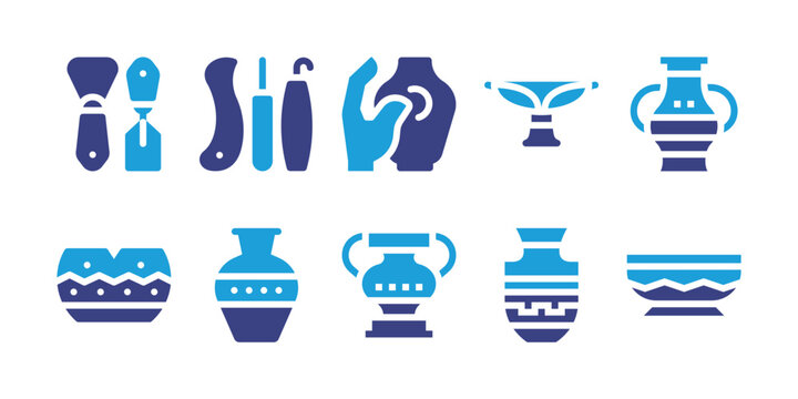 Pottery icon set. Duotone color. Vector illustration. Containing tools, modeling, greek vase, jar, vessel, amphora, vase.