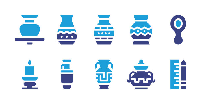 Pottery icon set. Duotone color. Vector illustration. Containing vase, adornment, spoon, candlestick, ceramic, measuring.