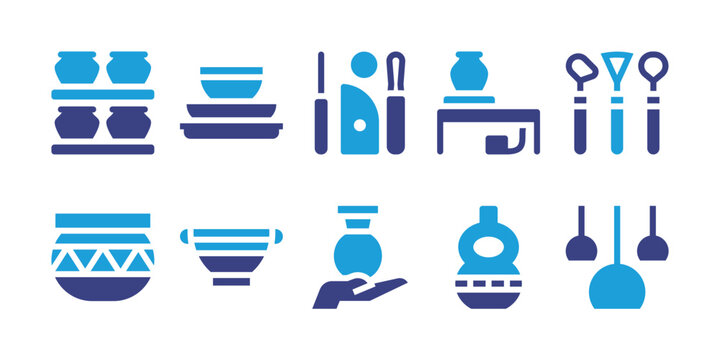 Pottery icon set. Duotone color. Vector illustration. Containing ceramics, tools, pottery, pot, ceramic, lamps.