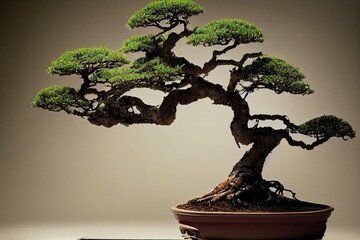 bonsai tree in pot with beige background, generative ai