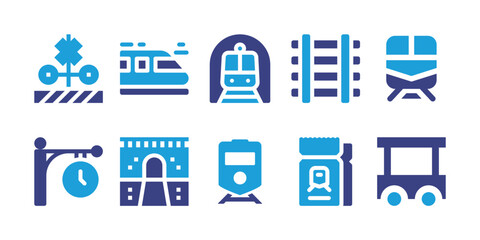 Railway icon set. Vector illustration. Containing level crossing, train, subway, railway, clock, tunnel, train ticket, wagon