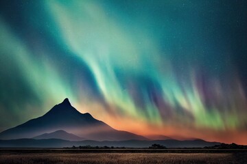 polar lights or aurora borealis over far northern landscape with mountain range in background, generative ai