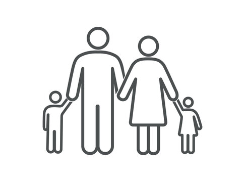 Adoption family icon. Man and woman walking with children, parents, mother and father. Sticker for social networks and messengers. Good relationship in family. Cartoon flat vector illustration