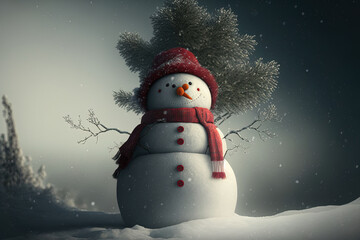 Obraz premium The Christmas tree with red wool hat wearing snowman. Generative AI