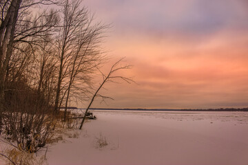 Beautiful winter landscape at the ravine Petrie Island, Ottawa river