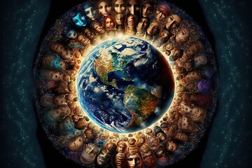Spiritual Vision of the entire Planet with all the beings that belong to it. It can be seen humans and non humans represented as different kinds of creatures, shapes, and colors