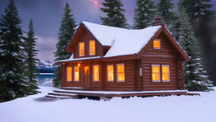 christmas house in the woods during winter, with trees around AI Generated