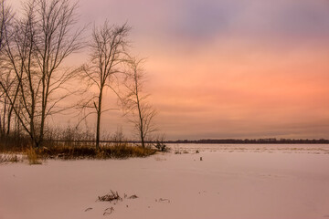 Beautiful winter landscape at the ravine Petrie Island, Ottawa river