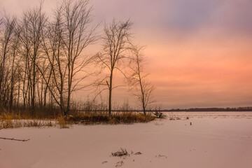 Beautiful winter landscape at the ravine Petrie Island, Ottawa river