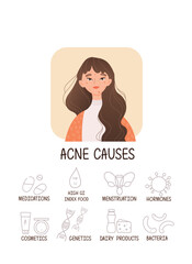 Acne causes concept. Young girl with skin diseases, acne and wrinkles, problems. Poster or banner for website. Hygiene and routine, spa treatments and health care. Cartoon flat vector illustration