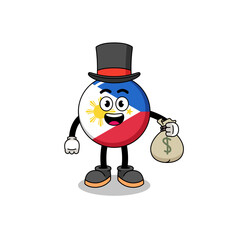 philippines flag mascot illustration rich man holding a money sack