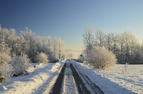 Road Through Winter Landscape, near Villingen-Schwenningen, Black Forest, Schwarzwald-Baar, Baden-Wurttemberg, Germany