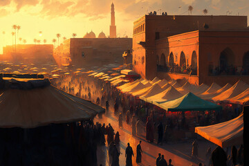Sunset at Yamaa el Fna. The evening is approaching, and the market is where city life begins. Generative AI