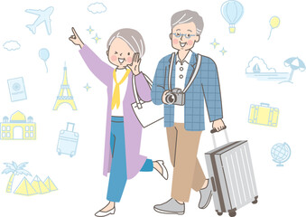 仲良く旅行する中年夫婦のイラスト素材