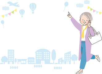 お出かけするシニア女性と街並みのベクターイラストセット