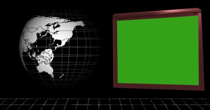 TV Show with Hologram World Globe and Green Screen Layer Frame for Video Editing, mockup or Advertising