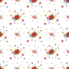 In this seamless pattern, design colorful flowers arranged in bouquet. Placed on a white background around decorated with colorful circles and flowers, it looks refreshing, beautiful and cute.